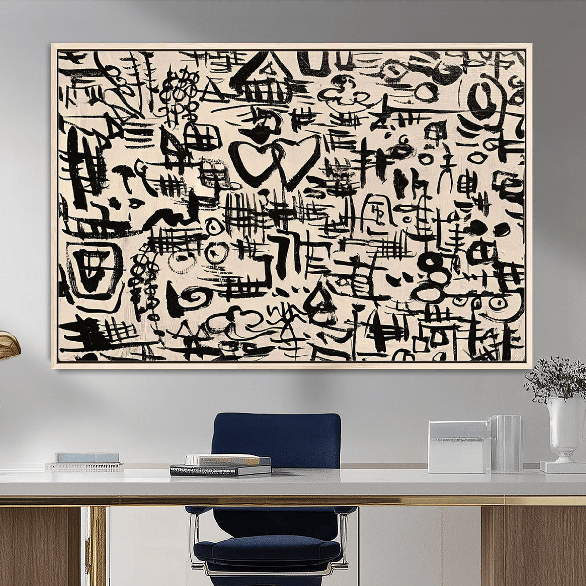 Abstract Love and Chaos Canvas Print, Black Symbols on Beige