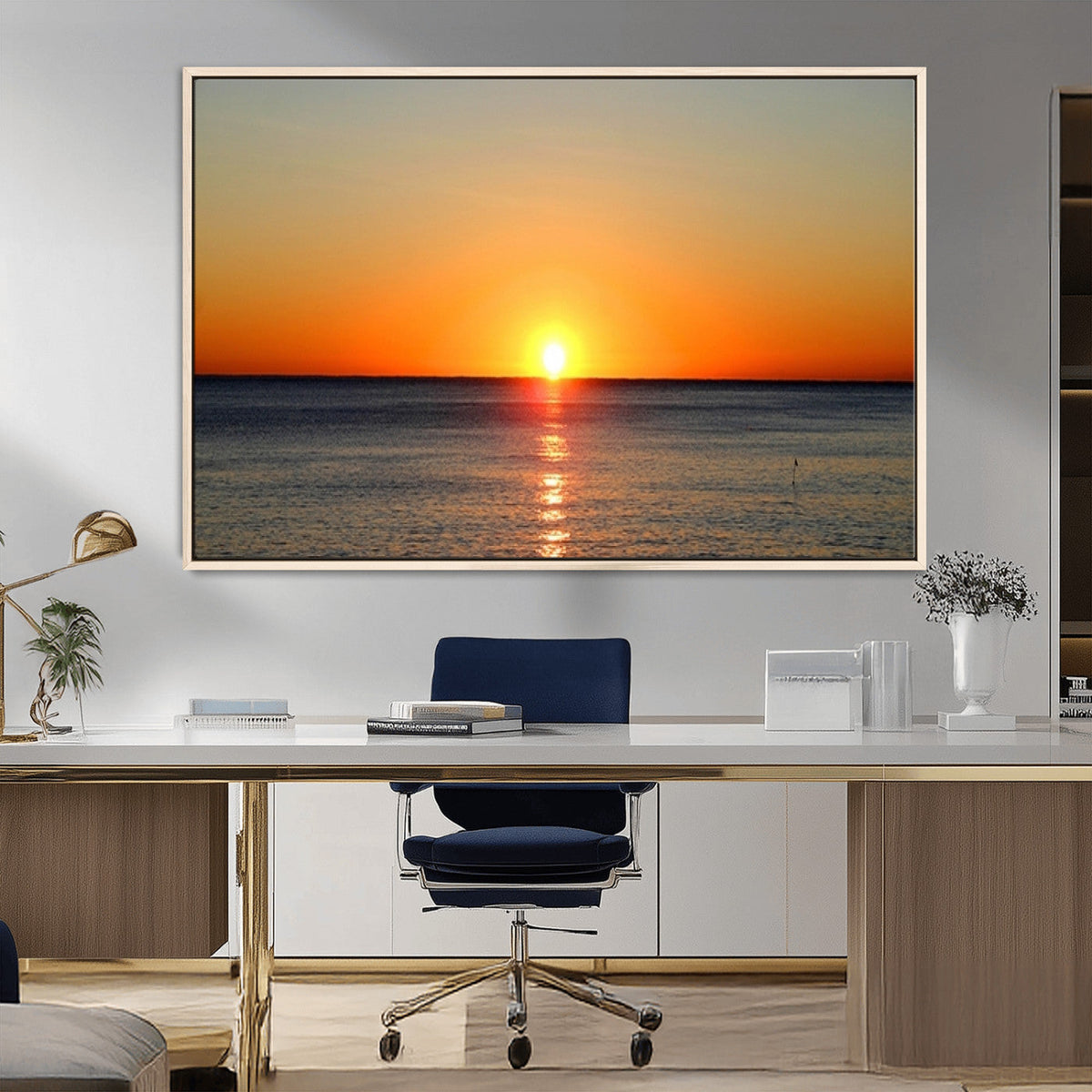 Golden Horizon Sunset Over Ocean Wall Art Canvas Print –