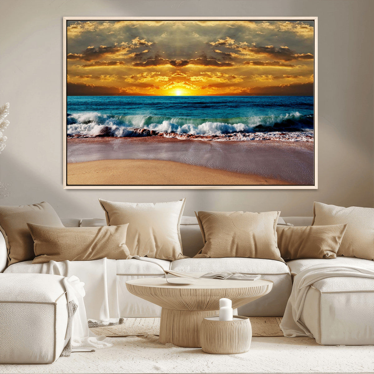Ocean Sunrise Over Golden Beach Waves, Giclee Canvas Wall