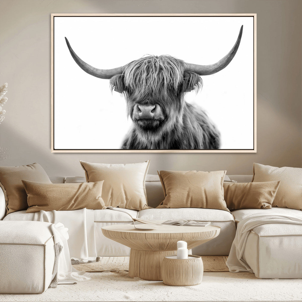 Grayscale Scottish Highland Cow Cattle Art Print Farmhouse