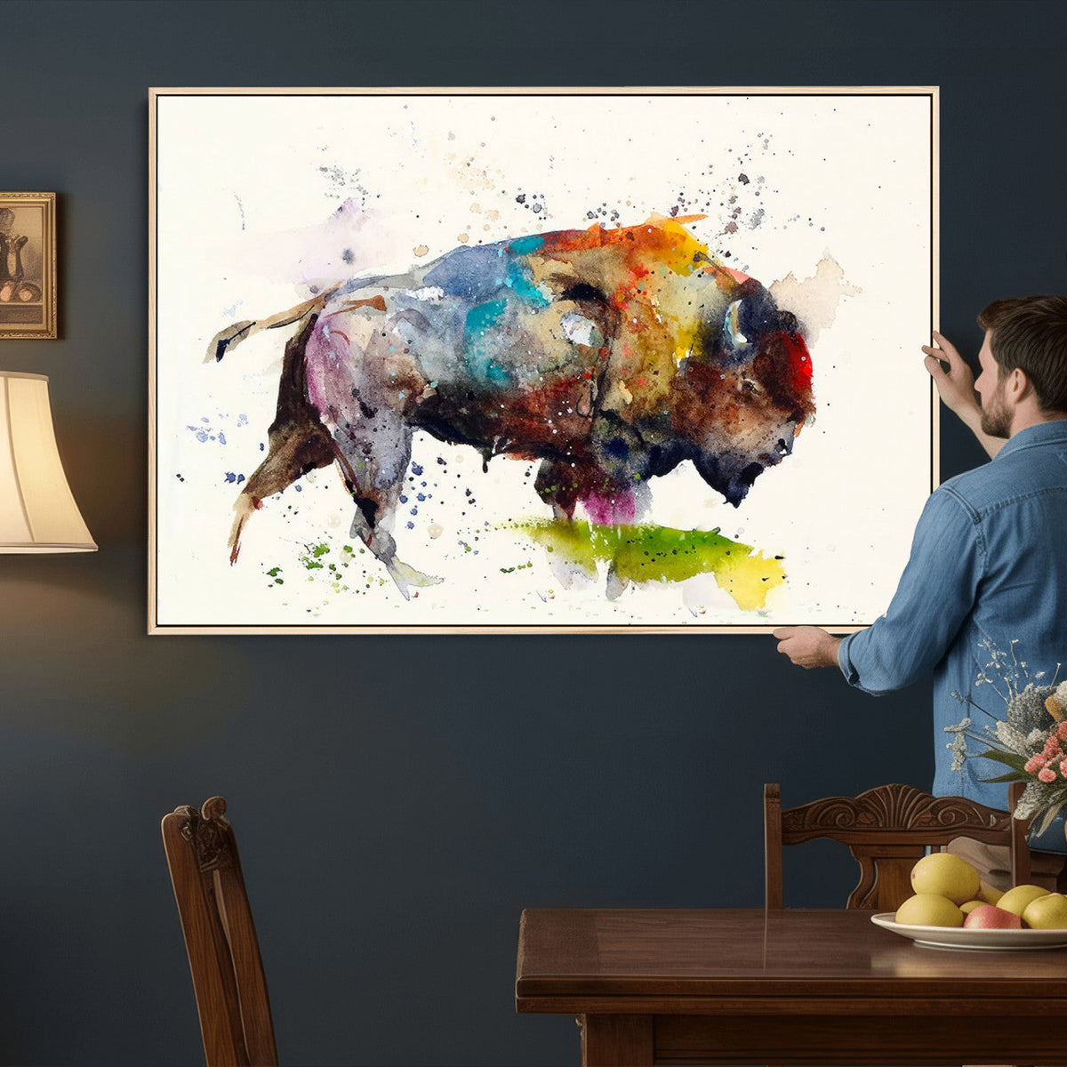 Abstract Buffalo Wall Art, Western Watercolor Bison Canvas
