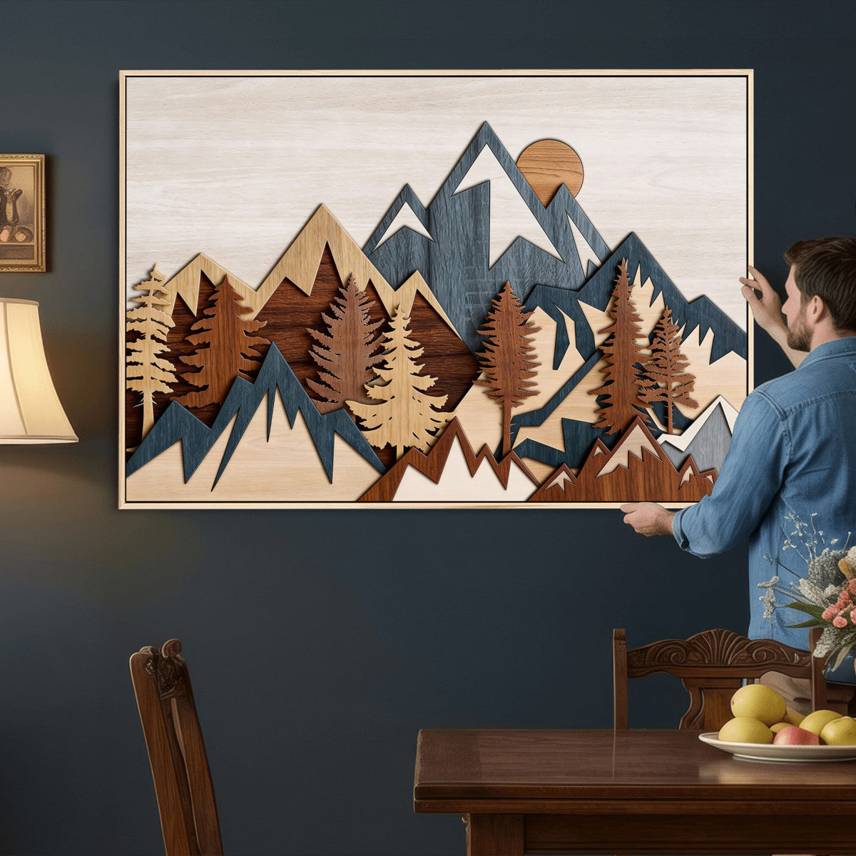 Rustic Abstract Wood Panel Effect Canvas Mountain Range Top