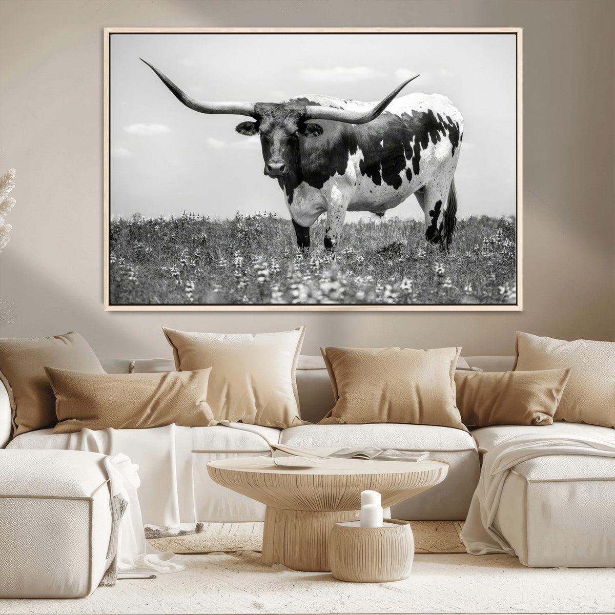Texas Black White Highland Longhorn Cow Wall Art Canvas