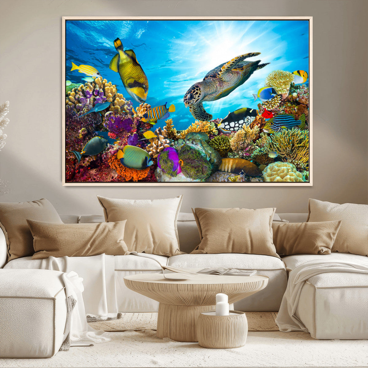 Colorful Coral Reef and Sea Life Turtle Canvas Print,