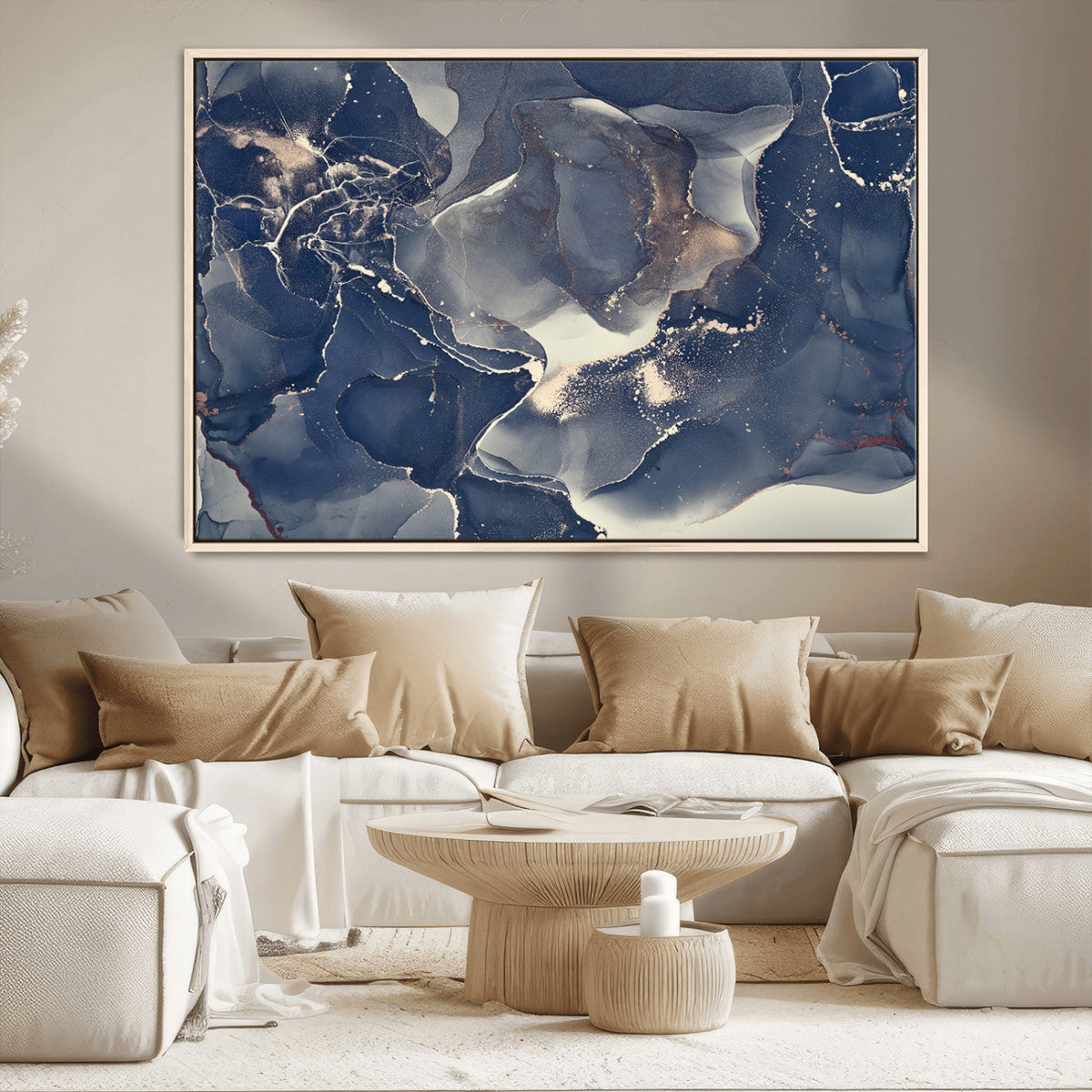 Large Abstract Blue and Gold Canvas Wall Art Fluid Ink