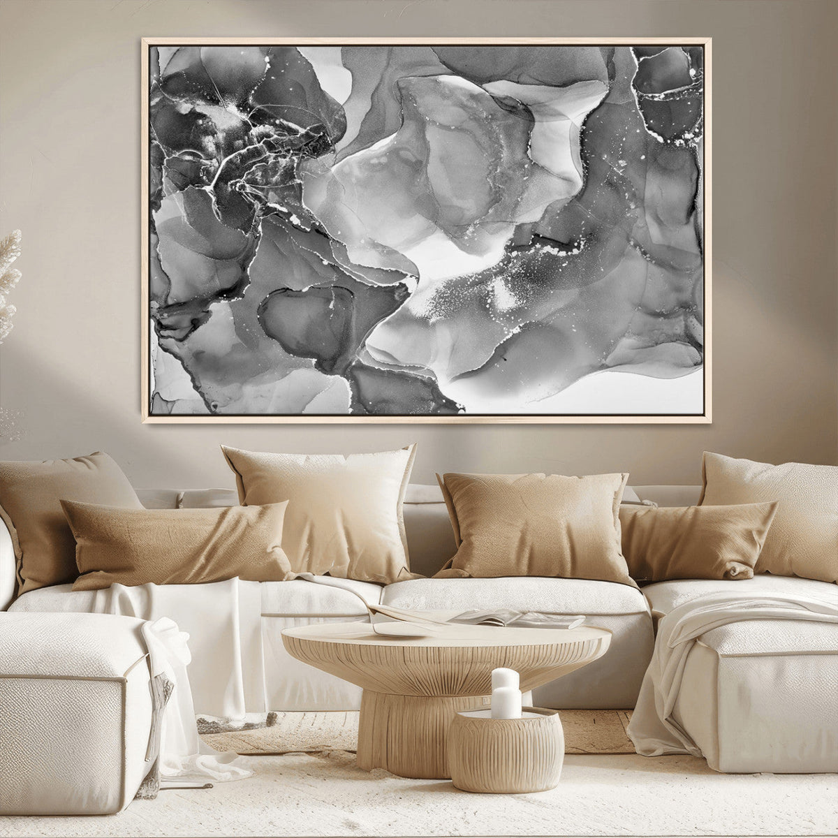 Black White Abstract Canvas Wall Art - Fluid Ink Artwork -