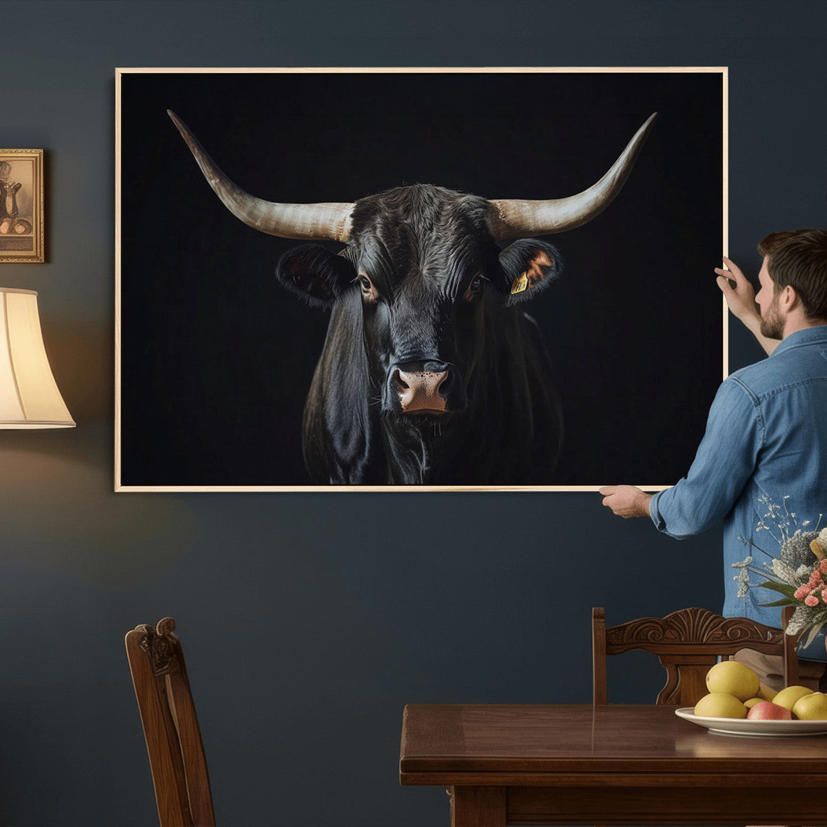 Majestic Longhorn Bull Wall Art Canvas Print – Dark