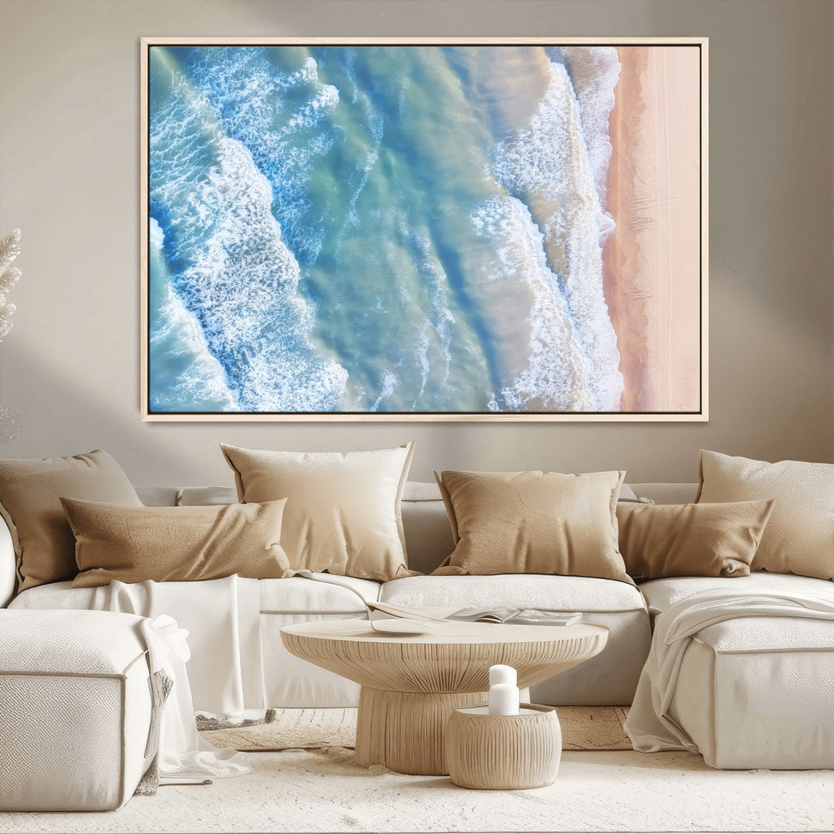 Aerial Ocean View Wall Art Canvas Print – Framed Soft Blue