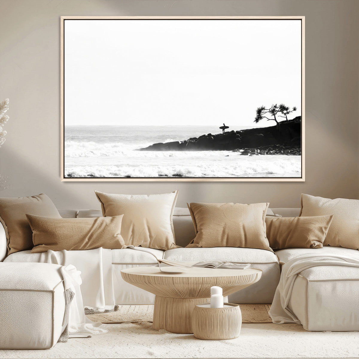 Surfer Cliffs Wall Art Canvas Print – Framed Black White