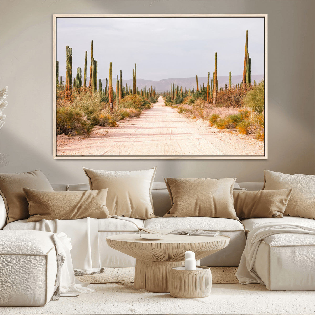 Desert Cactus Lined Road Wall Art Canvas Print – Framed