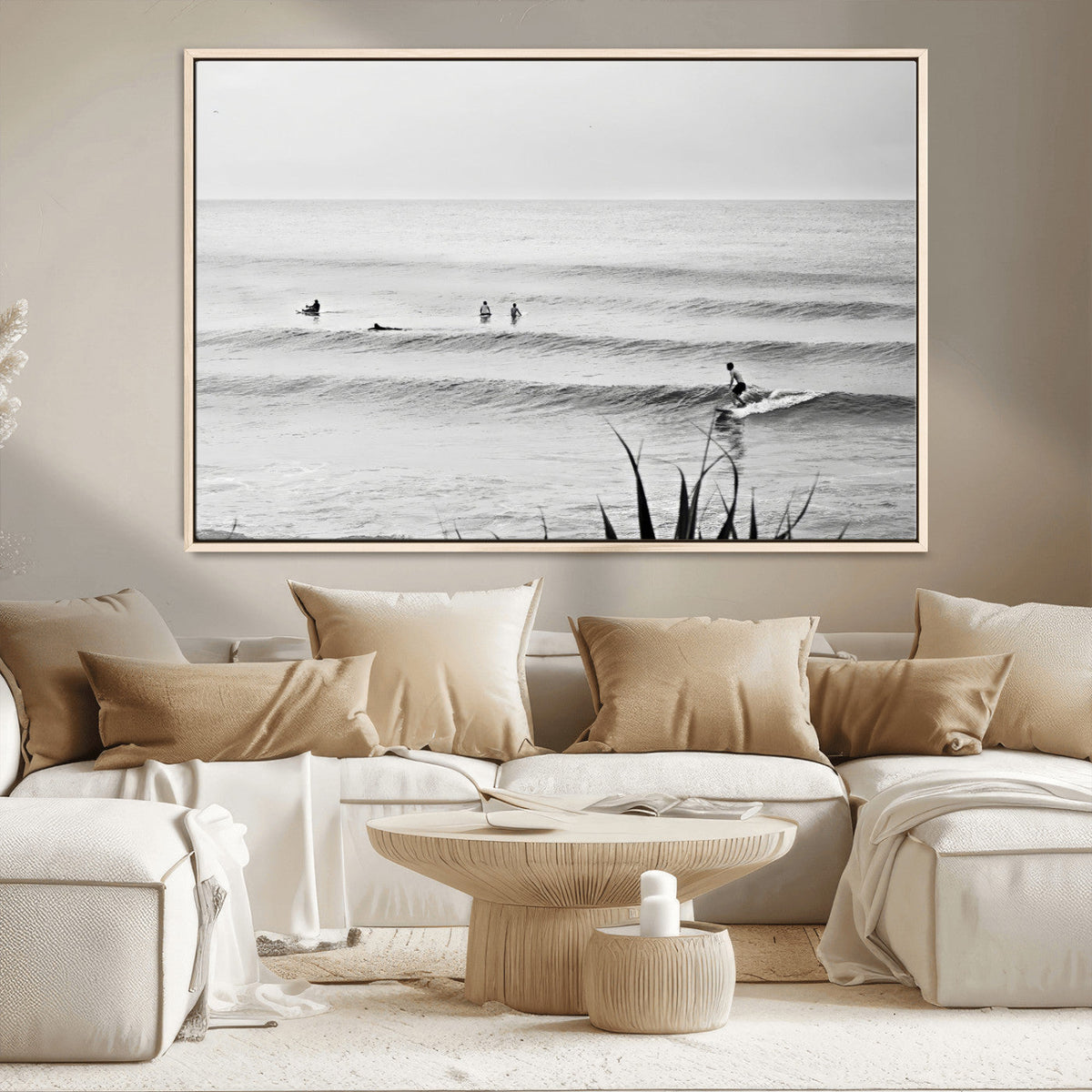 Surfer Silhouette Wall Art – Framed Calm Ocean Canvas