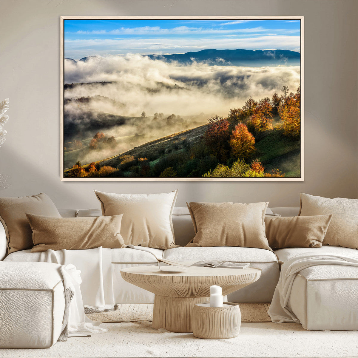 Misty Autumn Hills Wall Art Canvas Print, Foggy Forest
