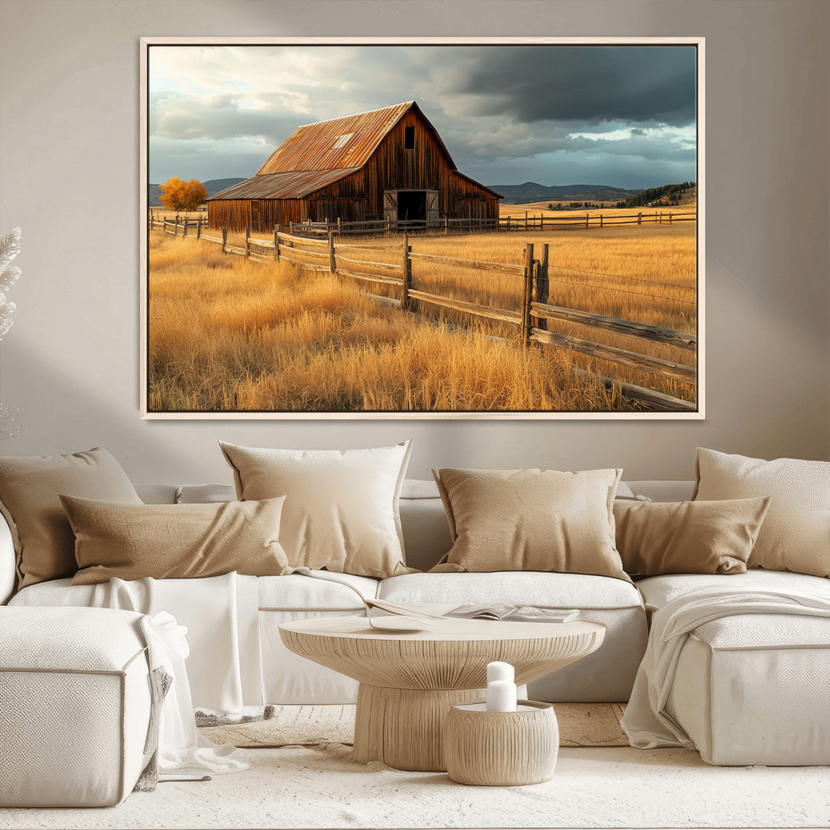 Golden Sunset Barn Wall Art Canvas Print, Rustic Autumn Farm