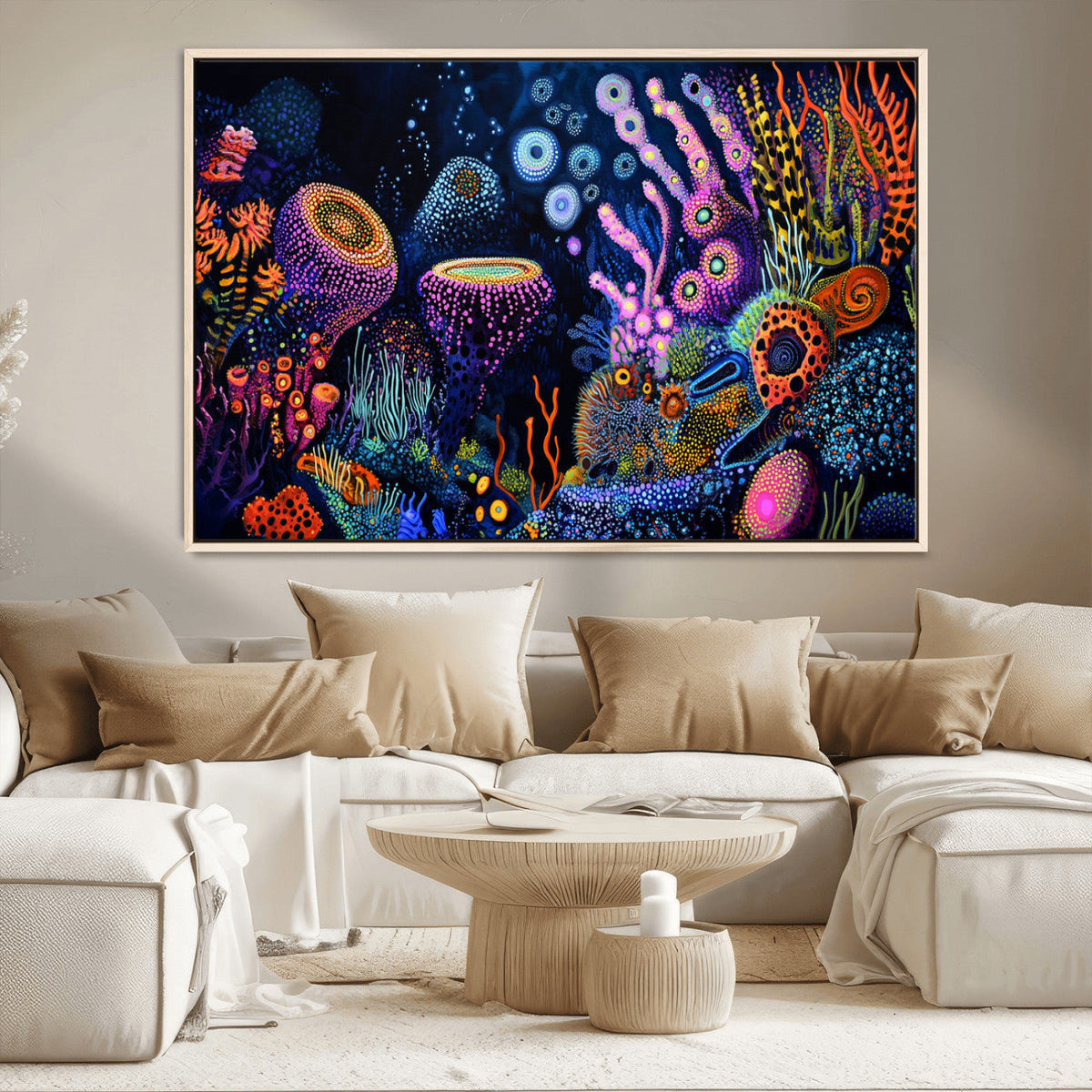Vibrant Neon Coral Reef Wall Art Canvas Print, Colorful