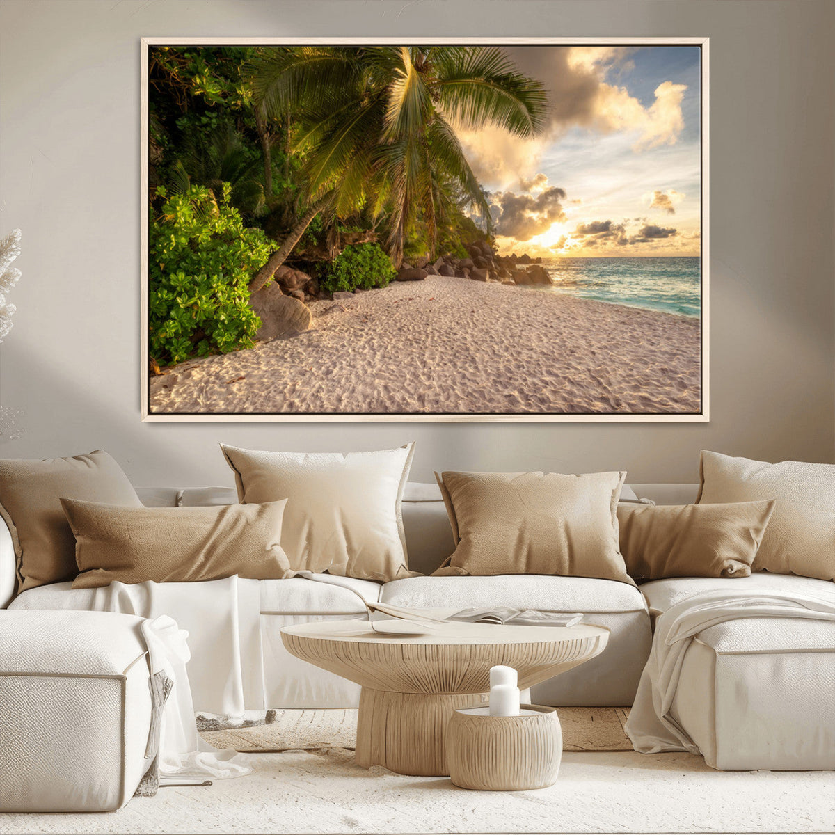 Tropical beach sunset, palm trees, white sand, ocean waves,