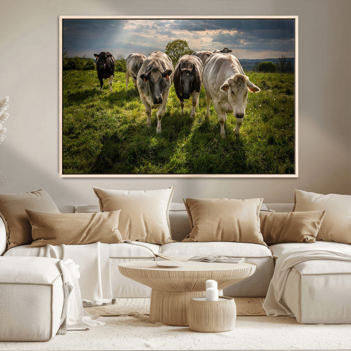 Grazing Cattle Herd Wall Art, Green Pasture Livestock Canvas
