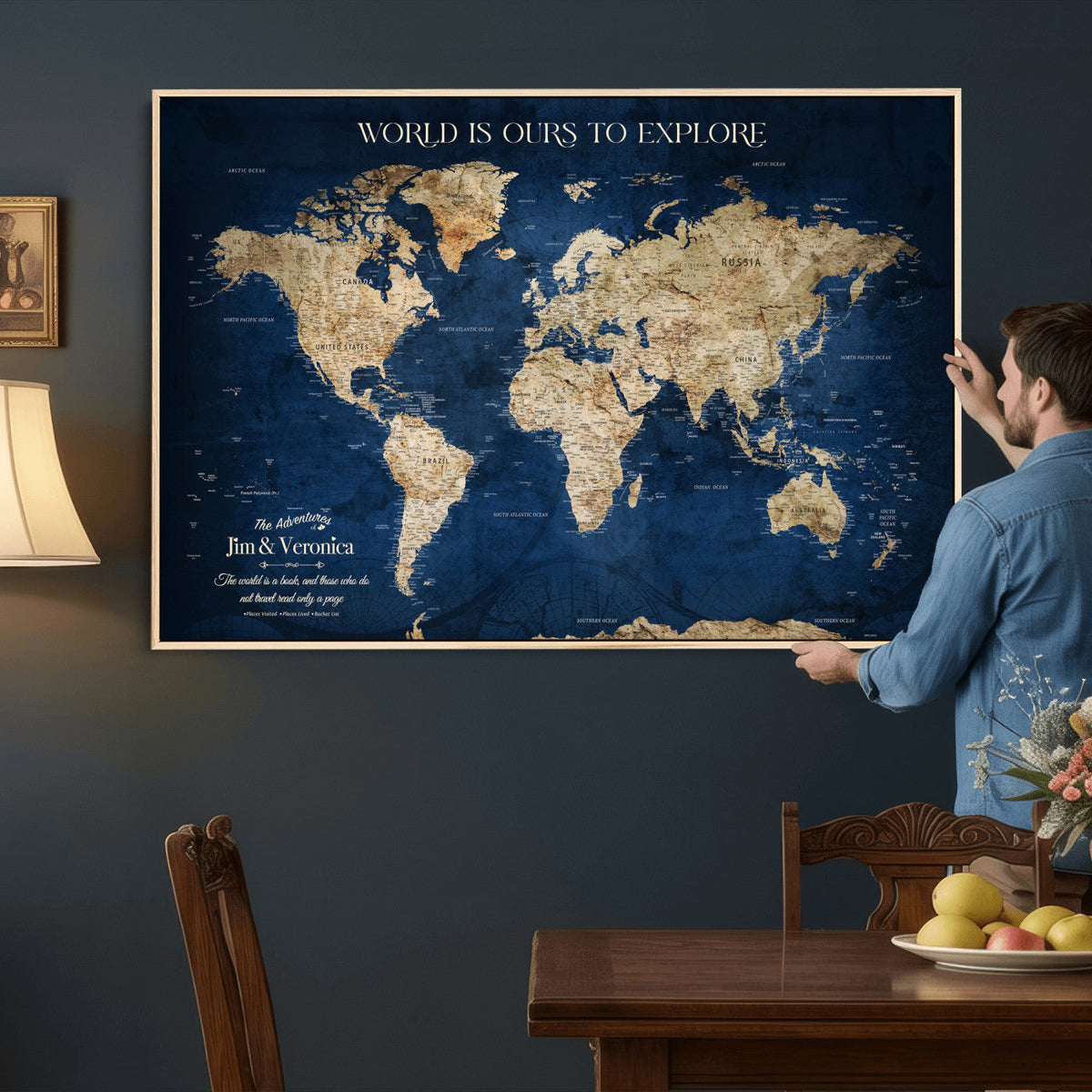 Framed Custom World Map Canvas Print - Deep Blue World Map