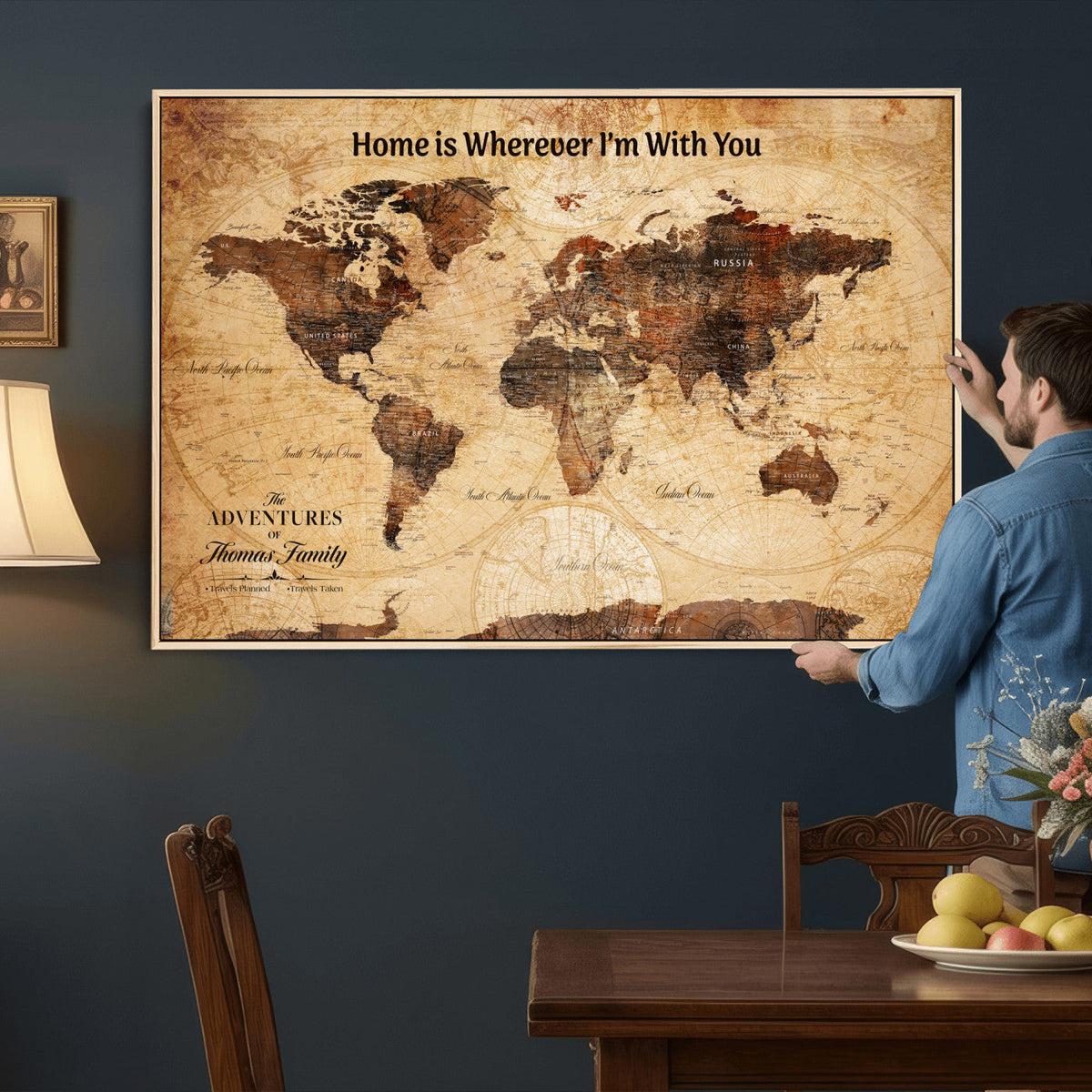 Custom Vintage World Map Canvas Wall Art – Custom Framed
