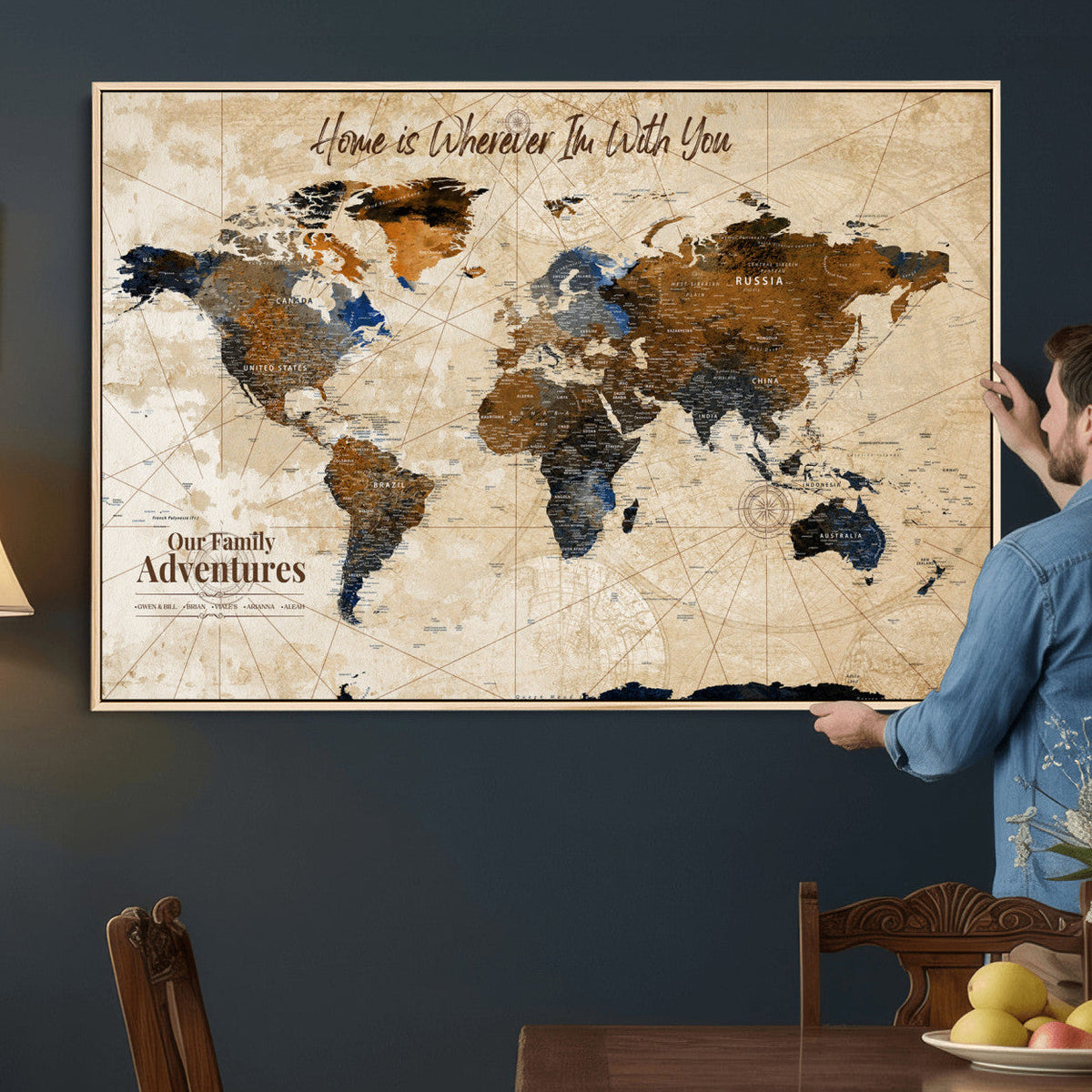 Vintage Custom World Map Canvas Wall Art – Custom Framed