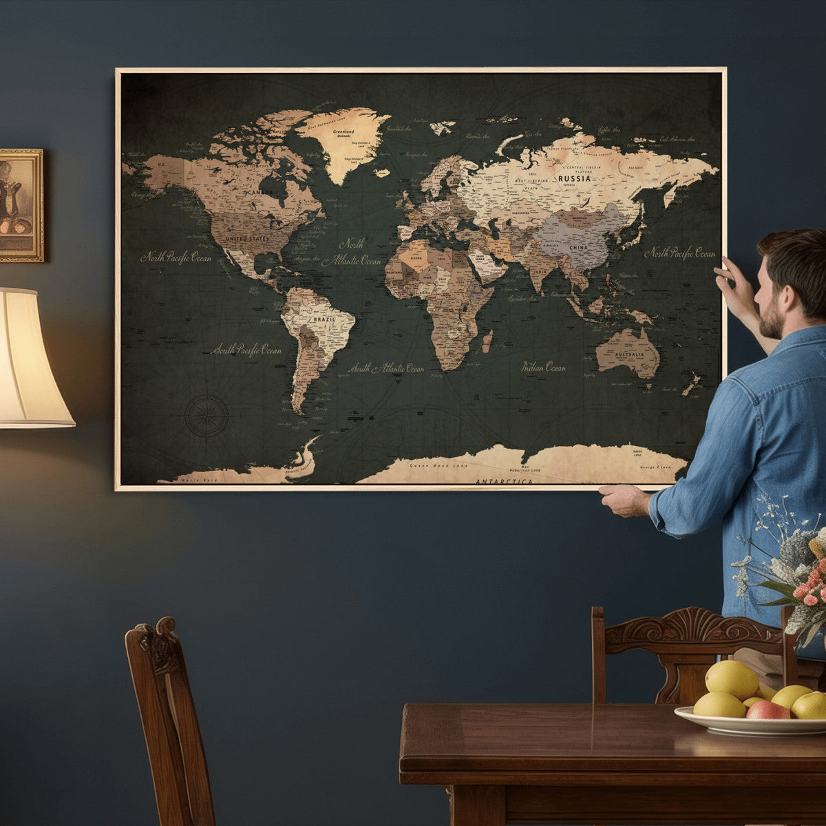 Vintage World Map Canvas Wall Art – Framed Travel Map for