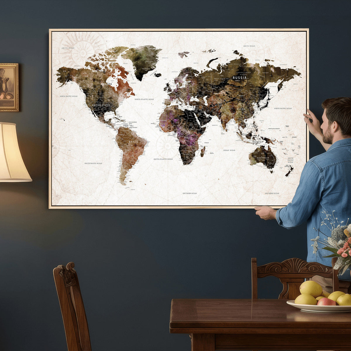 Watercolor World Map Print - Large Wall Art Canvas Print for