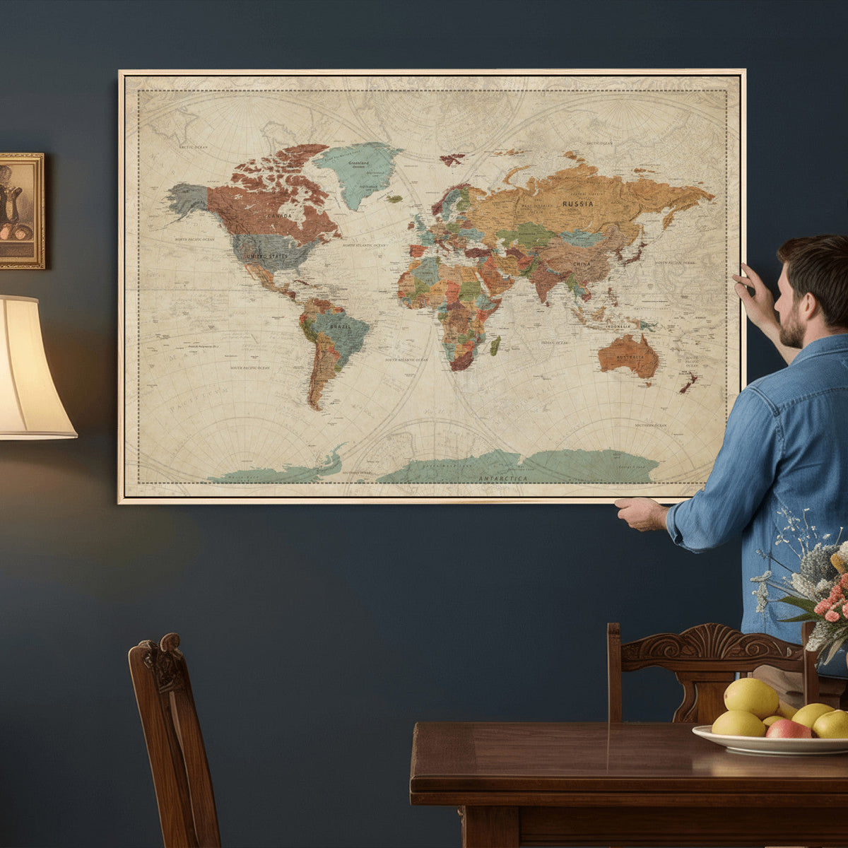 Vintage World Map Canvas Wall Art Print – Framed Modern