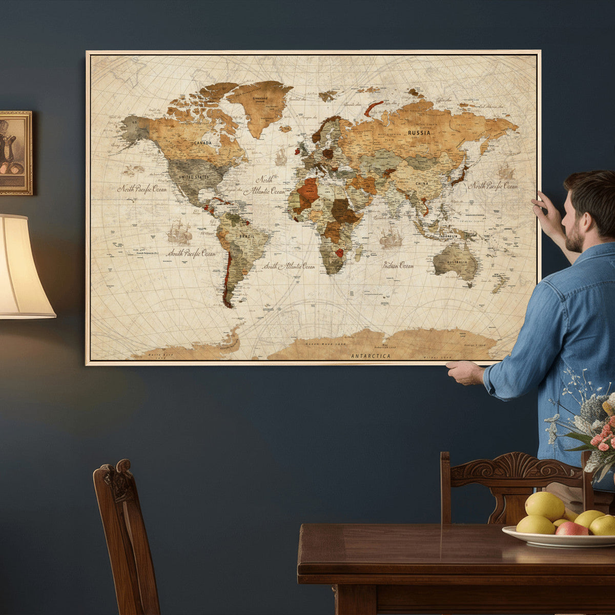 Rustic Vintage World Map Canvas Print – Framed Modern