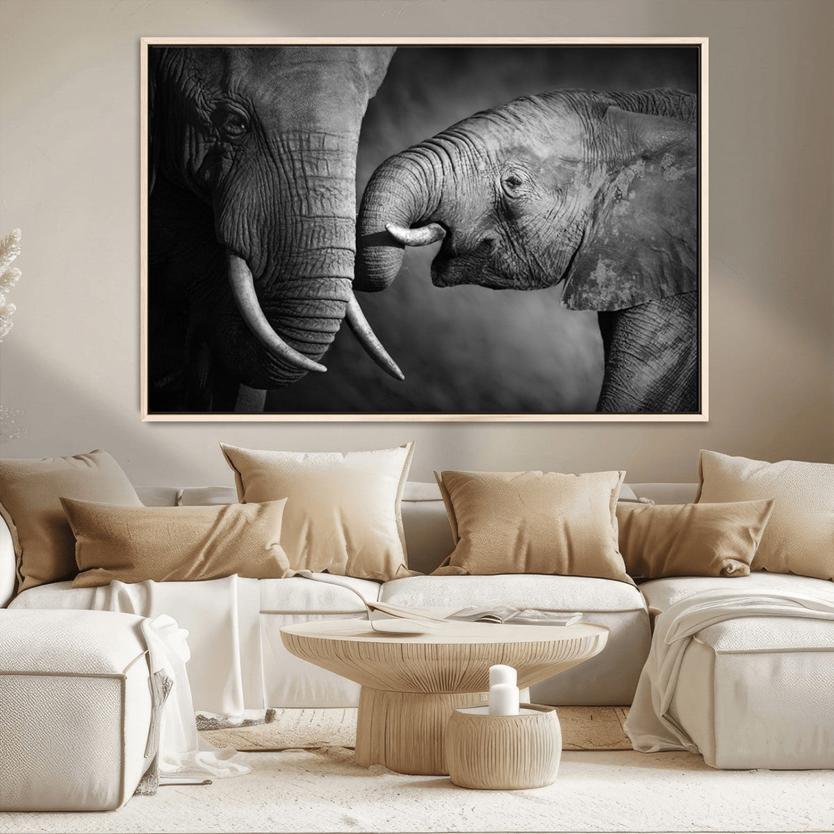 Elephant Family Wall Art Canvas, Framed Elephant Family