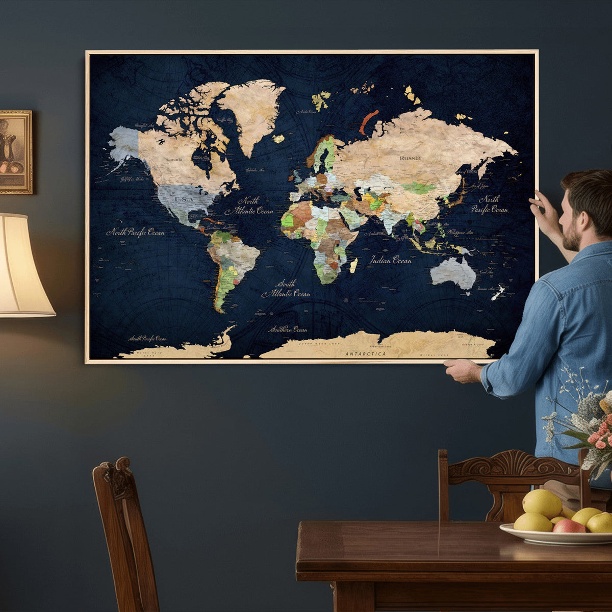 Minimalist World Map Canvas Wall Art - Watercolor Blue and