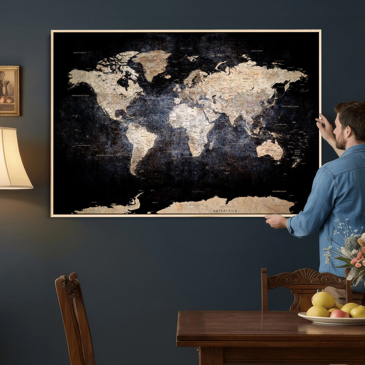 Grunge World Map Wall Art | 3-Panel Large Beige and Brown