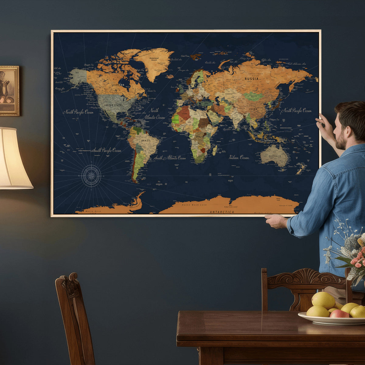 Modern World Map Canvas Print – Framed Detailed Map of the