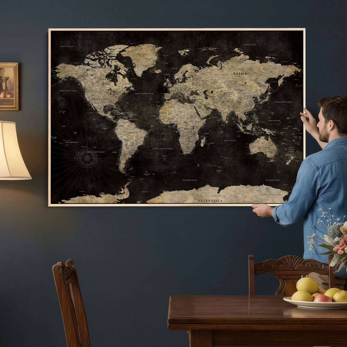 Push Pin World Map Canvas Wall Art Print, Interactive Travel