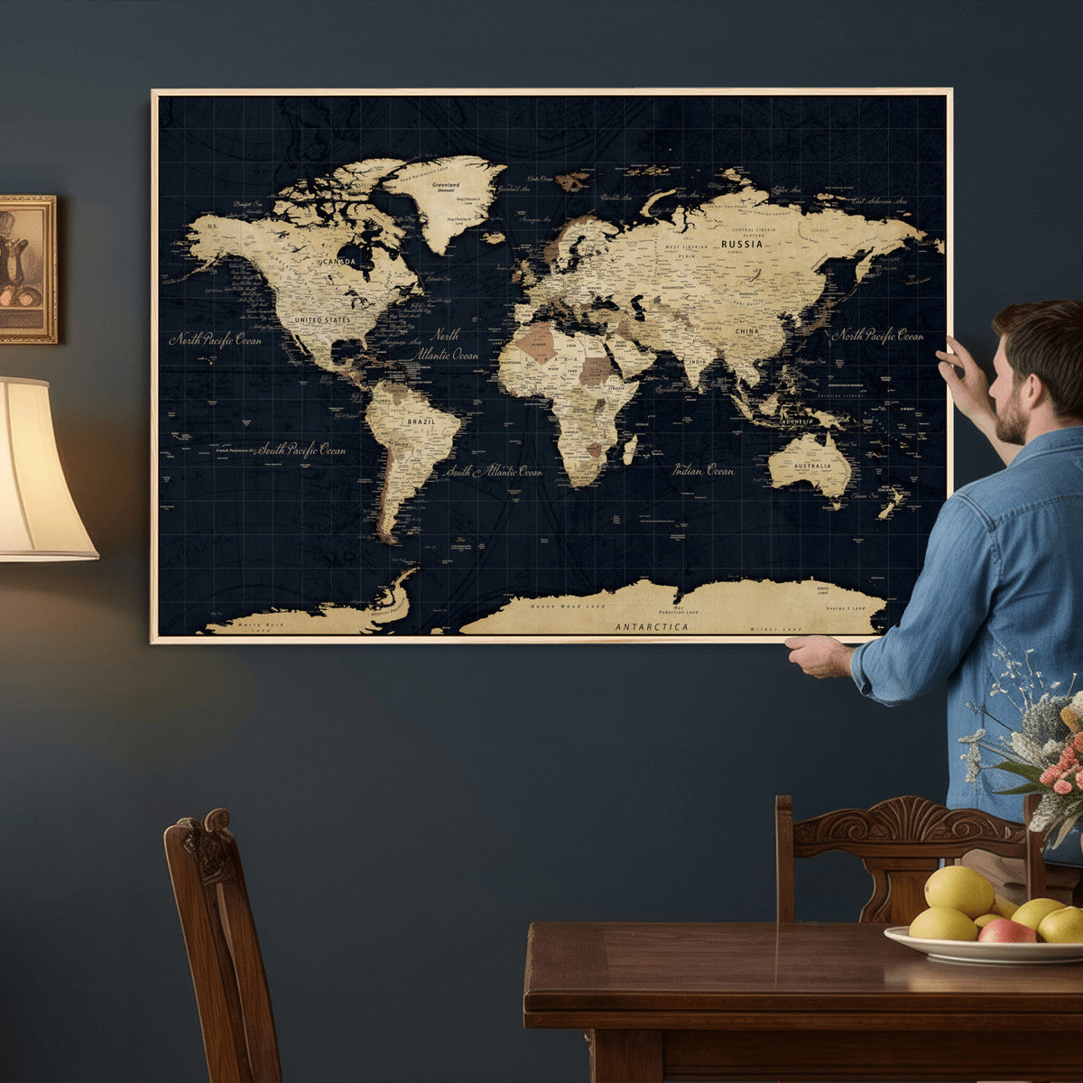 Dark World Map Canvas Wall Art Print, Minimal Black and Gold