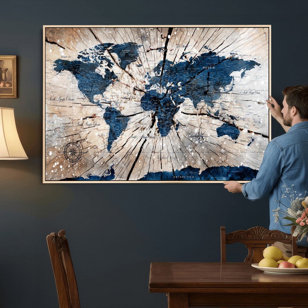 Rustic World Map Canvas Print – Framed Wall Art for Couples,