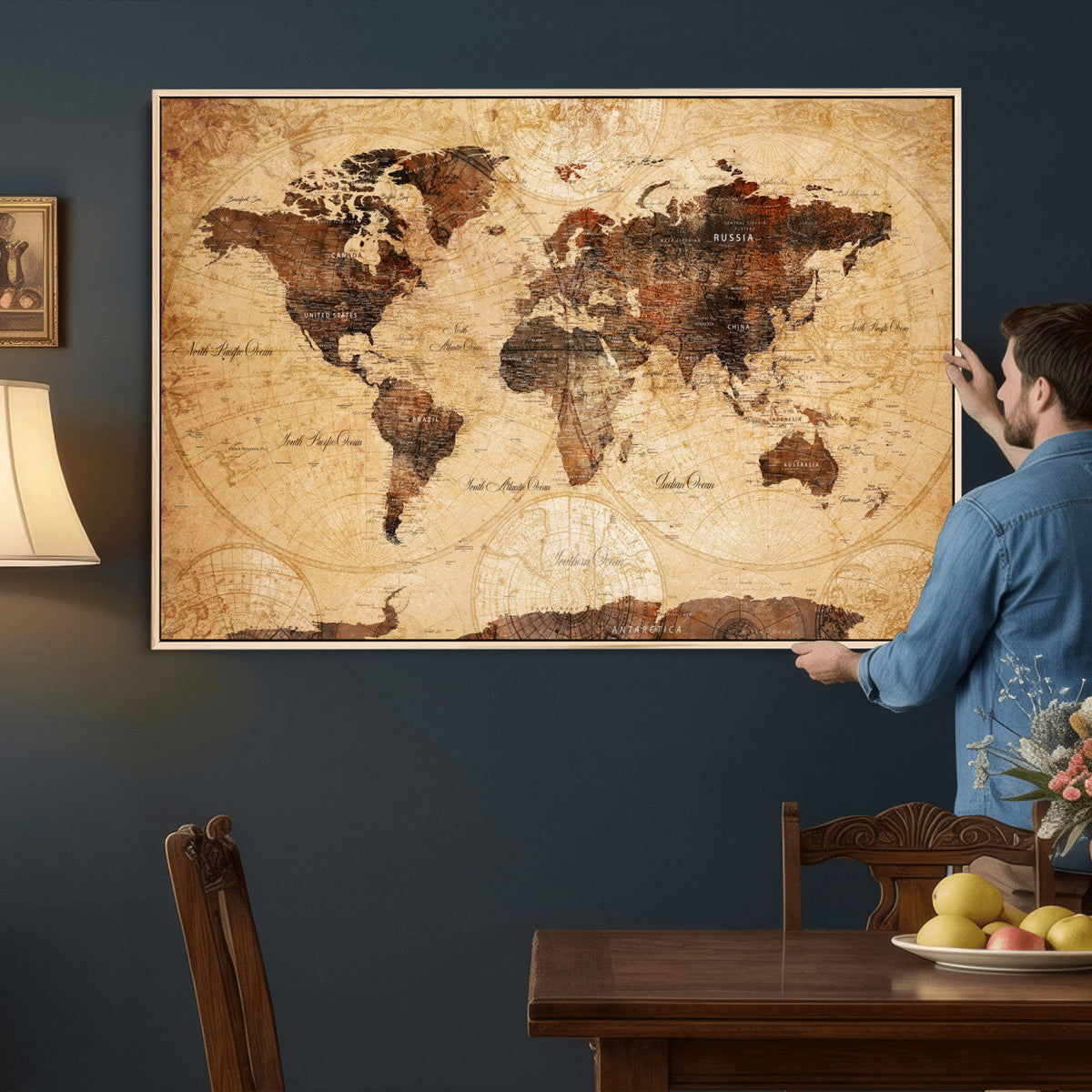 Modern Red and Gray World Map Canvas Print – Framed Wall Art
