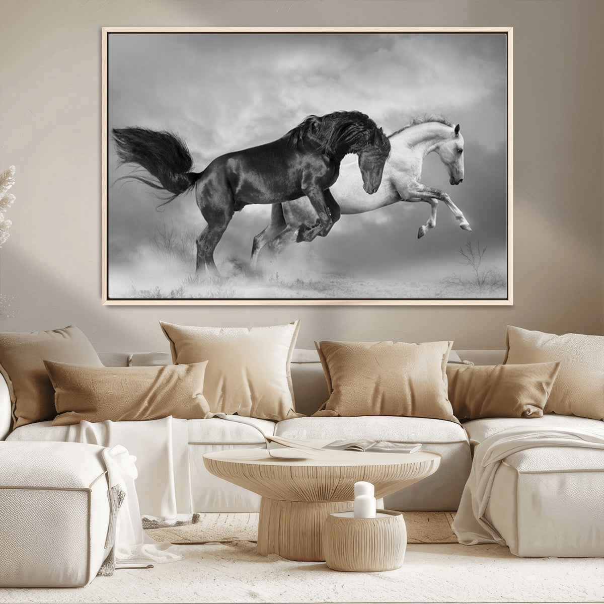 Wild Horses Wall Art Canvas Print – Framed Black and White