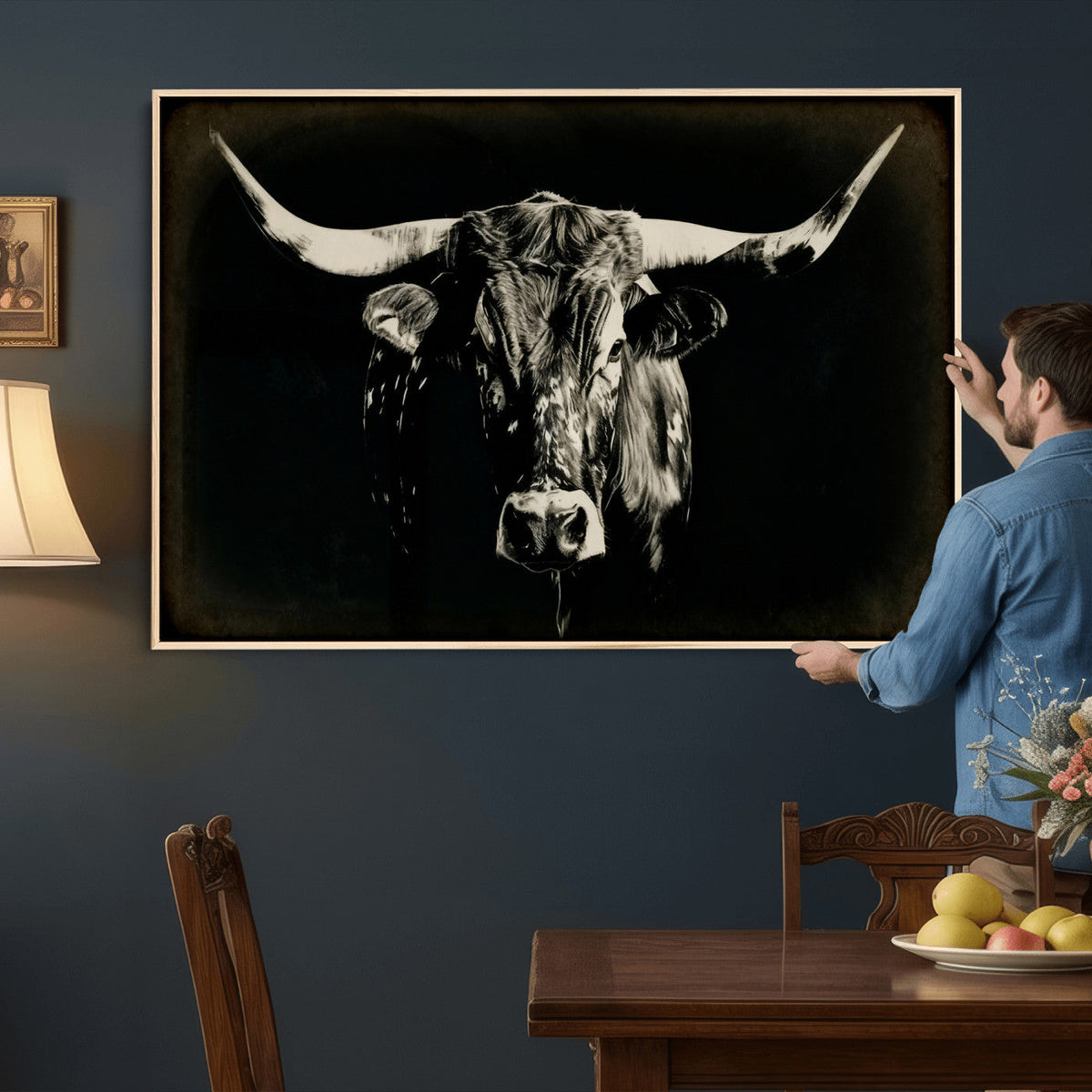 Black Bull Wall Art Canvas Print, Texas Longhorn Portrait