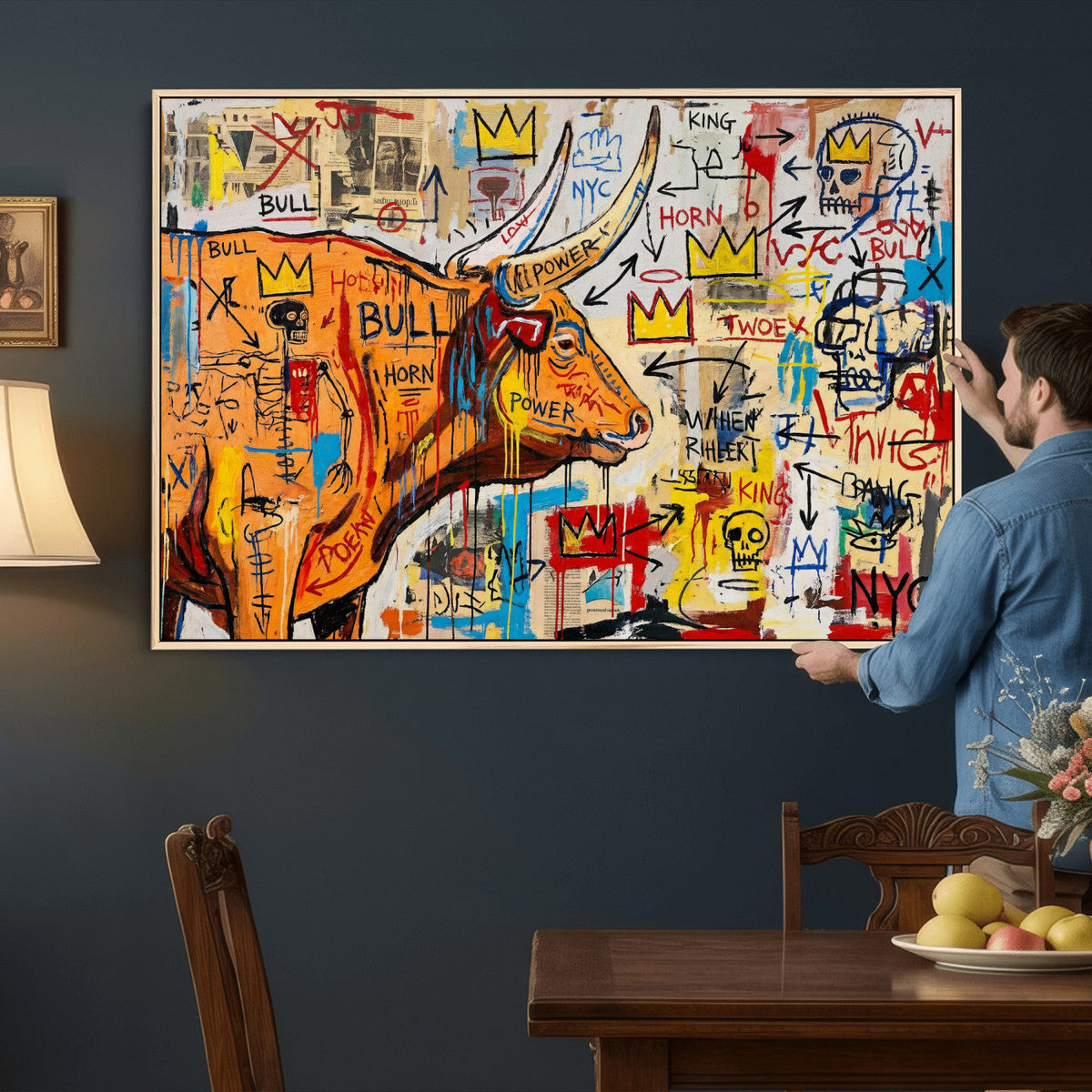 Basquiat Style Bull Graffiti Wall Art Canvas Print, Street