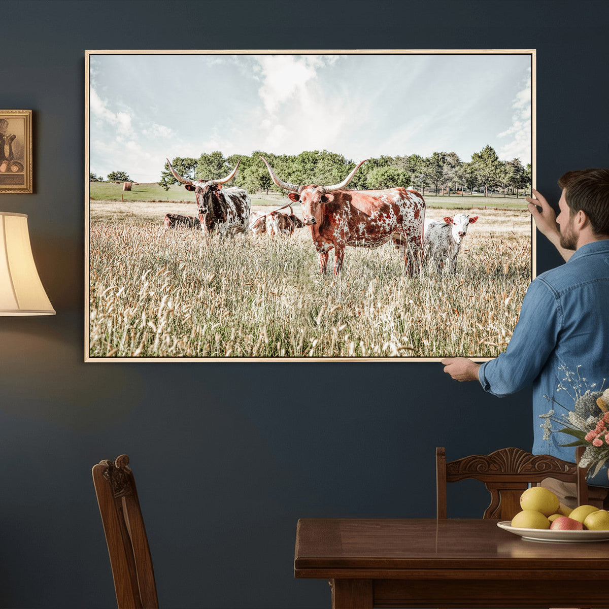 Texas Longhorn Cattle Wall Art Canvas Print, Rustic Ranch