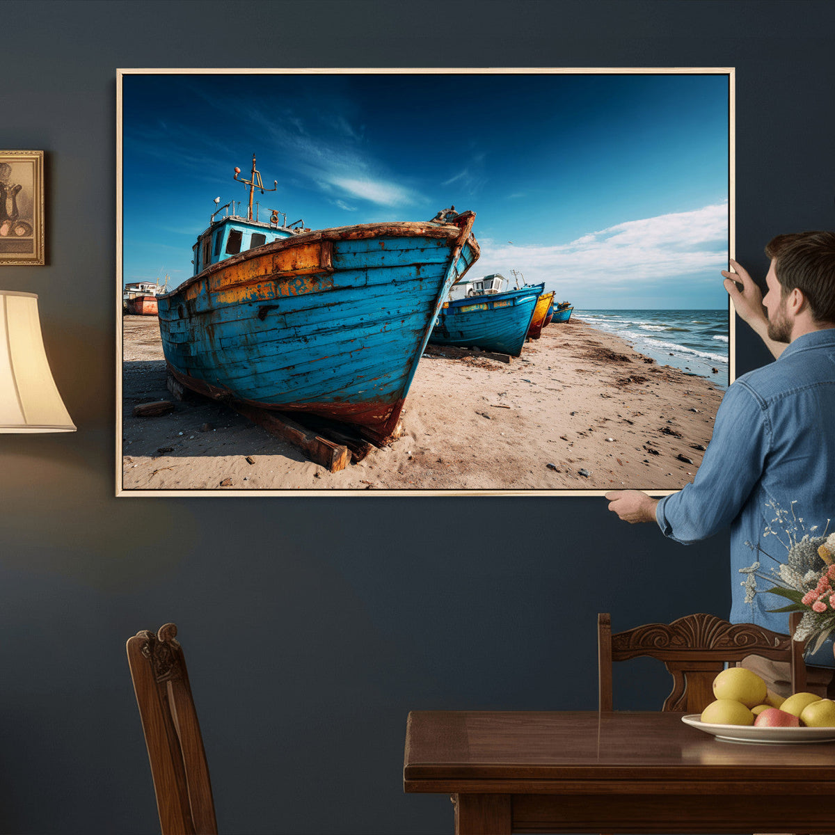 Coastal Fishing Boats Wall Art Canvas Print, Sunset Beach