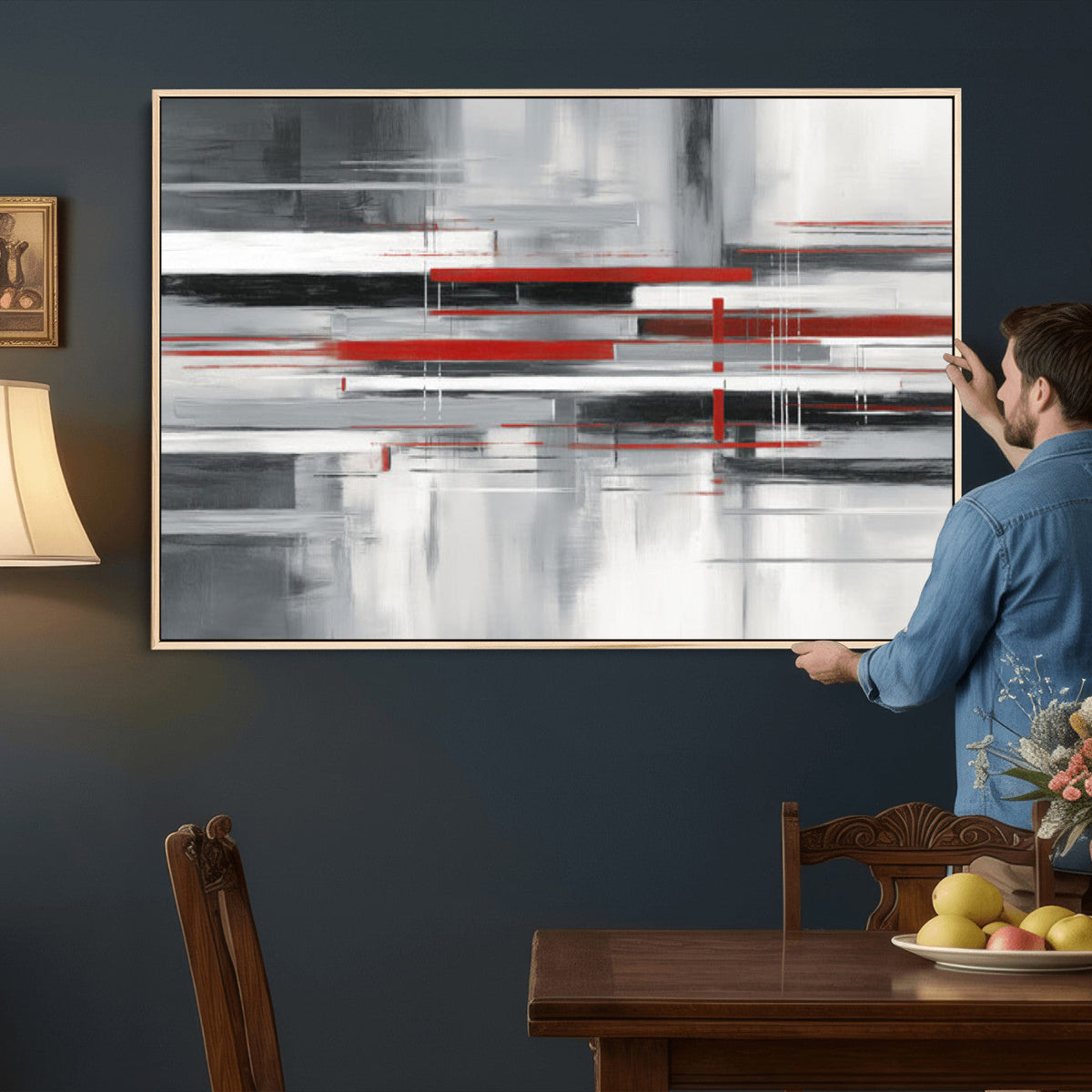 Gray Red Abstract Wall Art Canvas Print, Modern Abstract