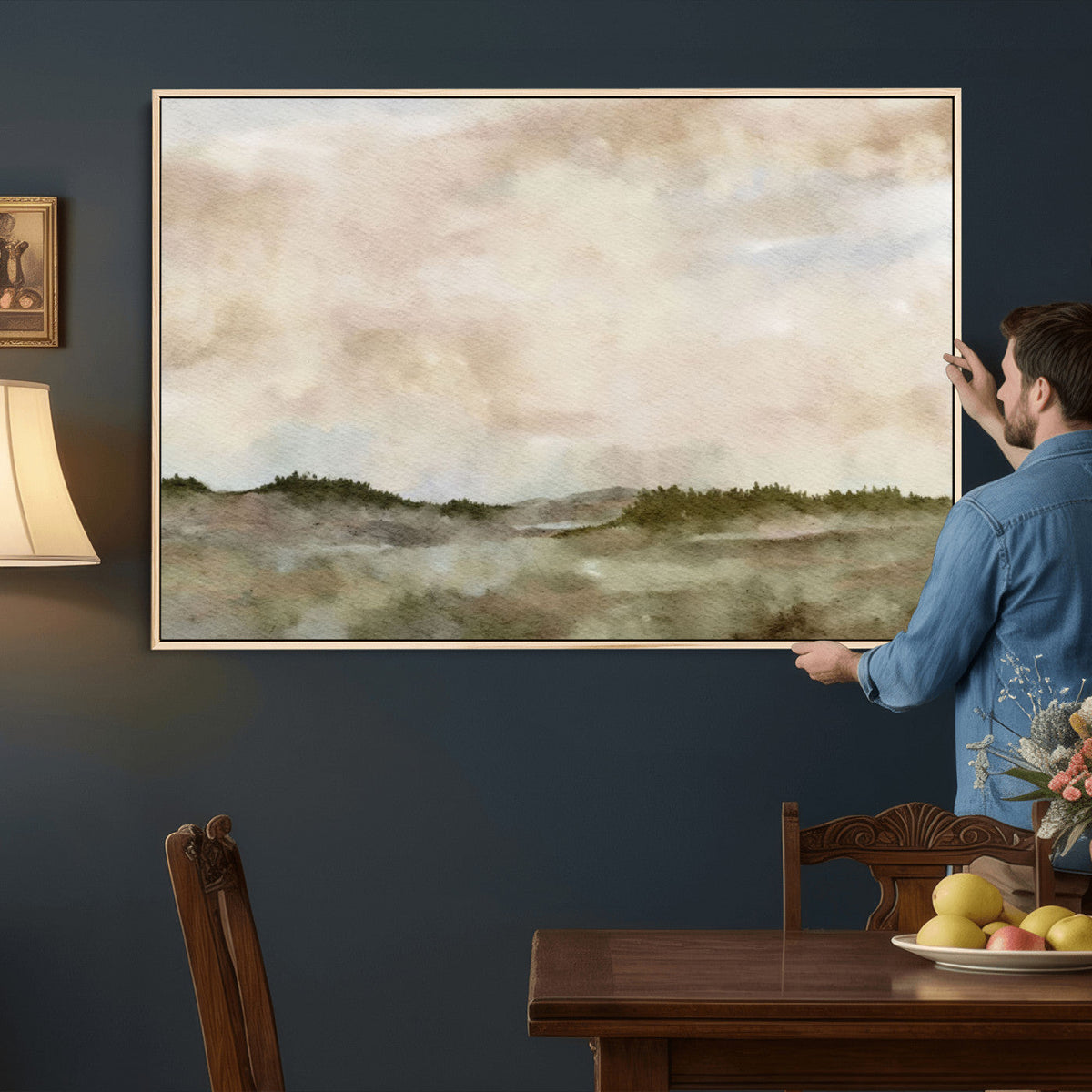 Muted Watercolor Hill Landscape Print — Beige Taupe Cloudy
