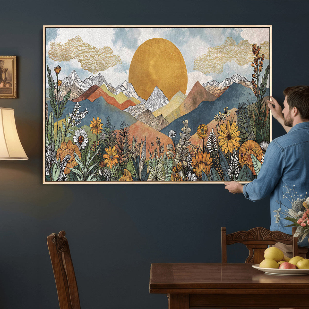 Boho Mountain Landscape Large Wall Art, Horizontal Gold