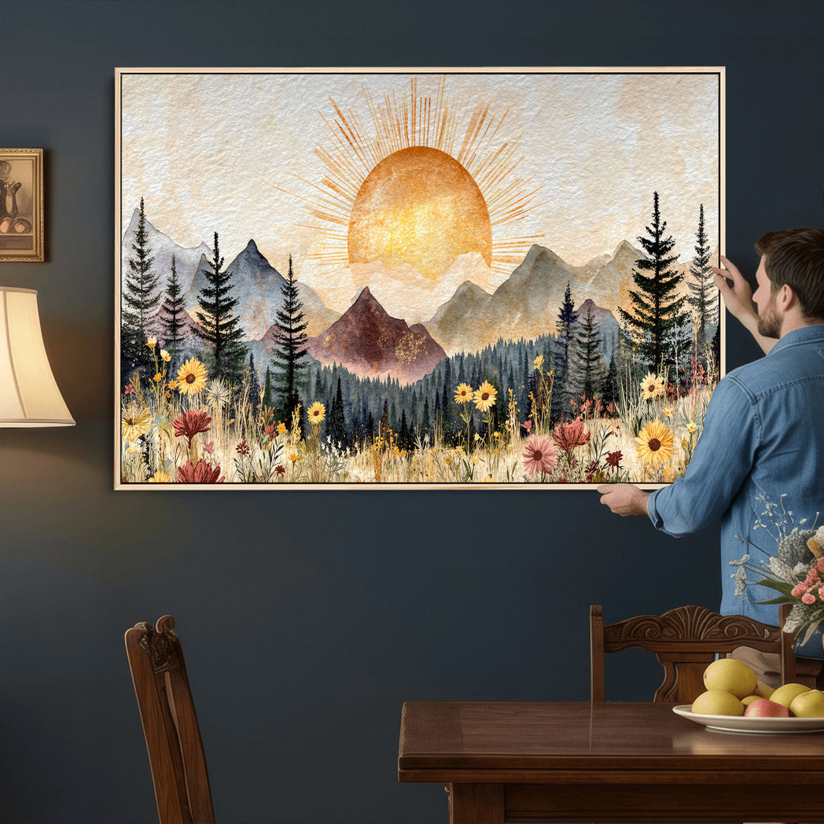 Boho Mountain Landscape Large Wall Art, Horizontal Gold