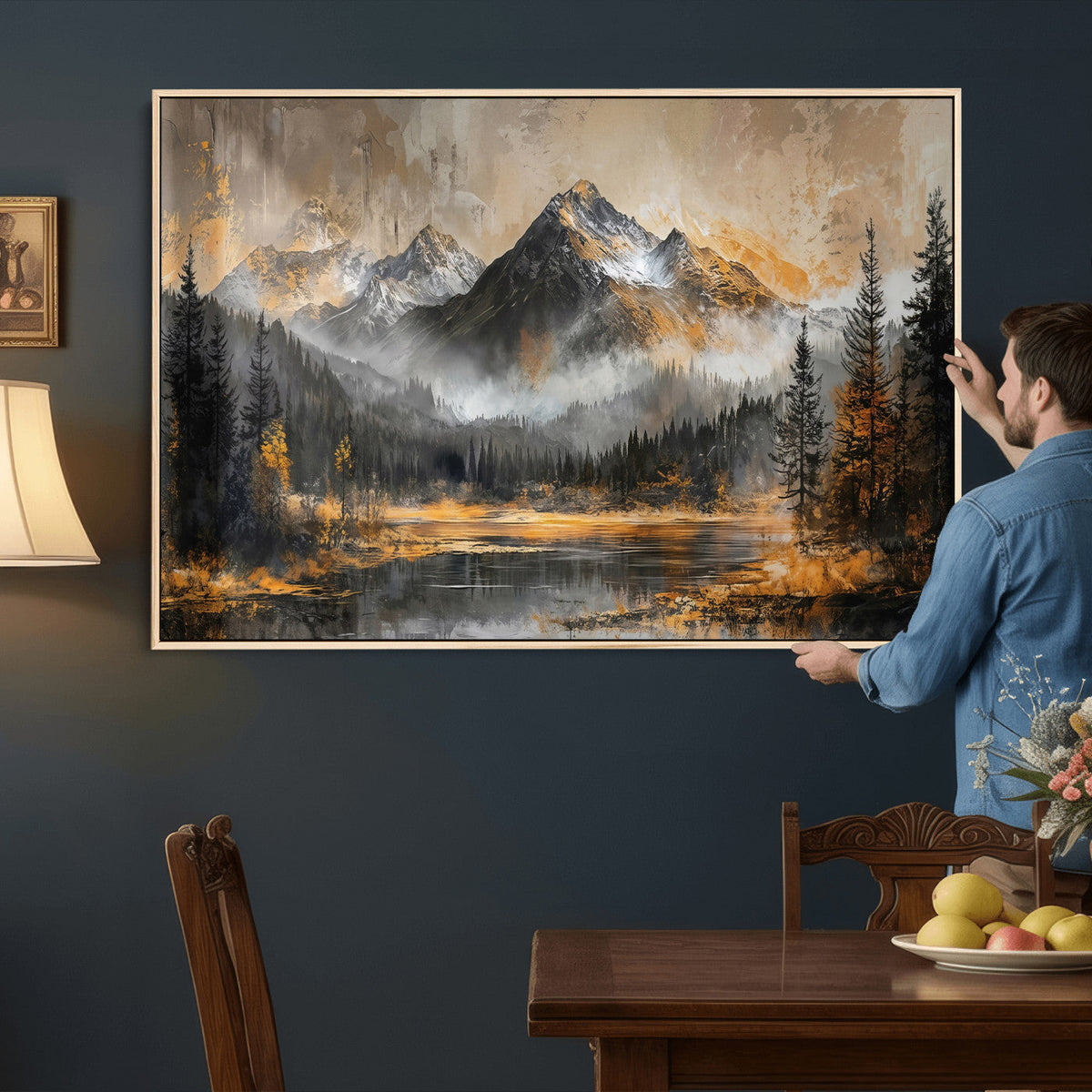 Mountain Lake Canvas Wall Art — Rustic Forest Landscape