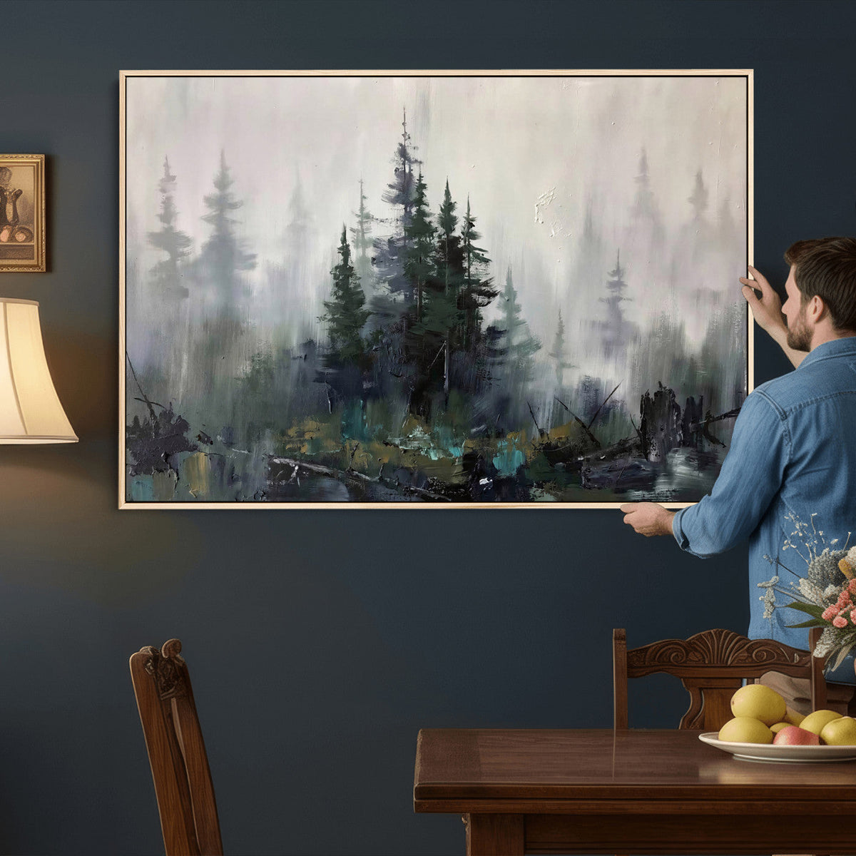 Misty Pine Forest Oil Painting Canvas — Dark Moody Teal Grey
