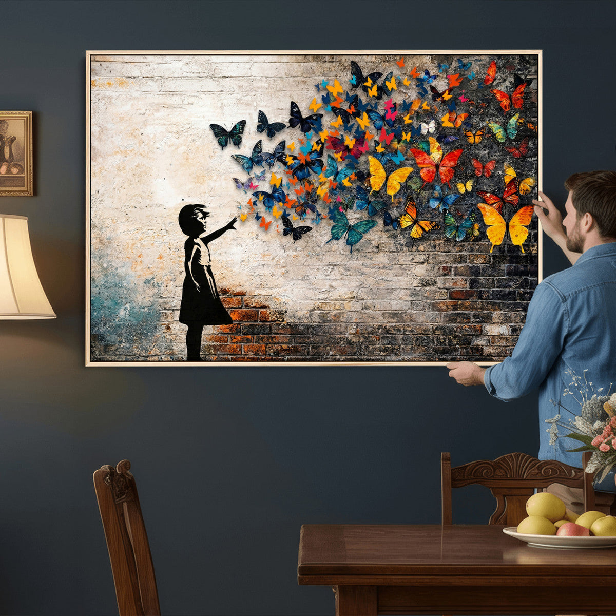 Banksy Graffiti Butterfly Girl Wall Art Canvas Print, Framed