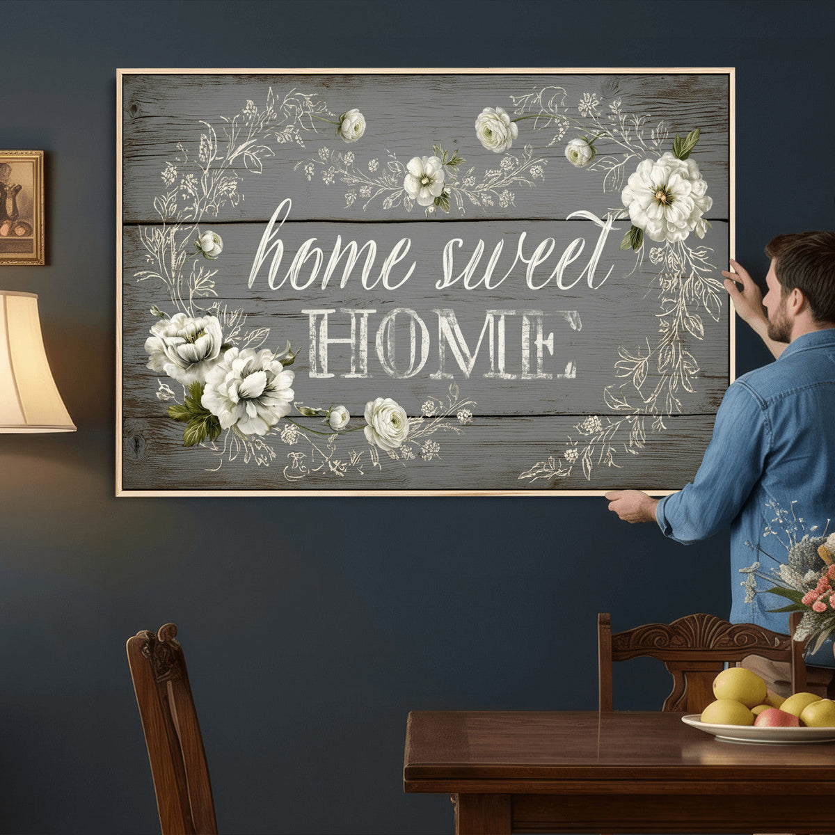 Home Sweet Home Wall Art Canvas Print, Floral Farmhouse
