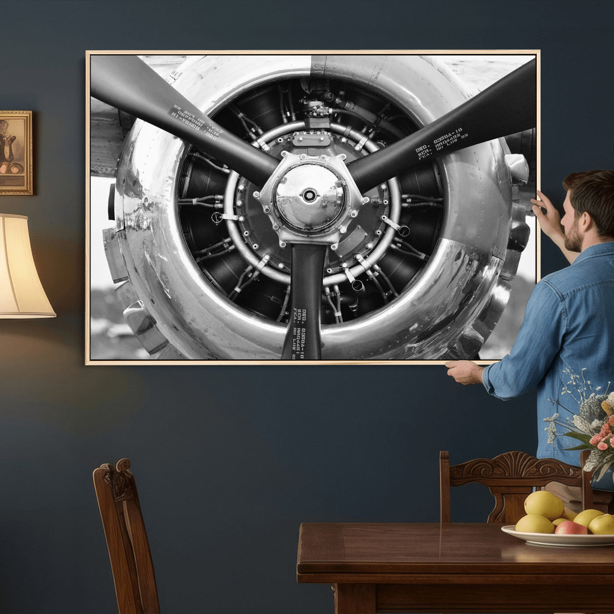 Vintage Propeller Plane Wall Art Canvas Print, Black and