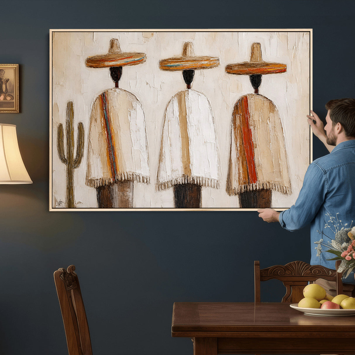 Mexican Wall Art Canvas Print, Southwestern Sombrero Poncho Painting, Neutral Earthy Boho Decor, Fiesta Living Room Art, Impasto Style Print